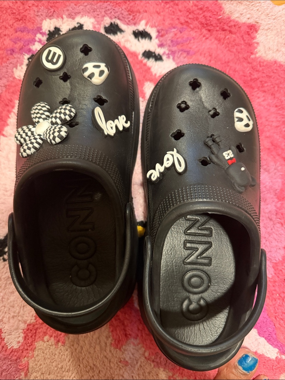 Black Slip-On Platform Clogs with Decorative Charms